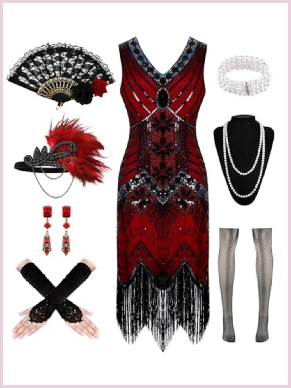 1920s Flapper Dress Set Sequin Beads Fringe Costume Accessories